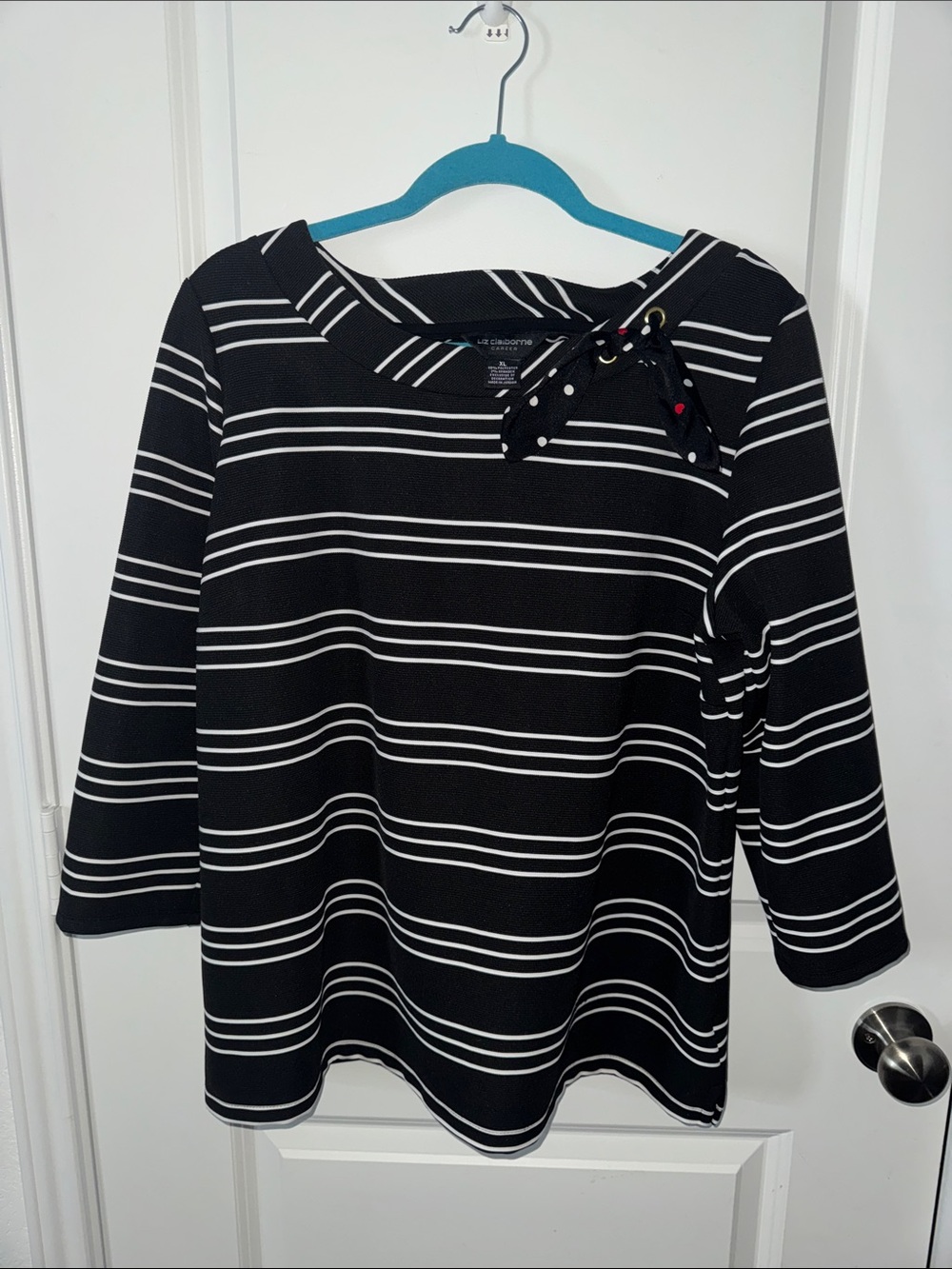 Liz Claiborne Black and White Striped Long Sleeve Boatneck Top with Bow Sz XL